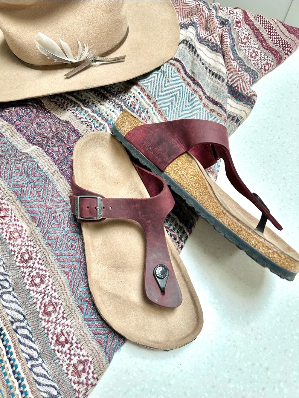 Birkenstocks Gizeth deep maroon leather sandals w cottagecore prairie vibe